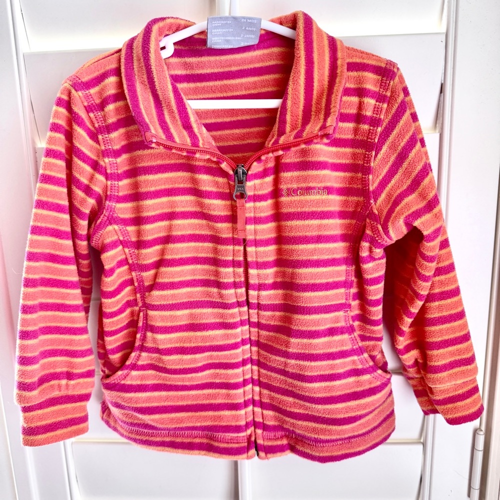 Columbia 24M Toddler Fleece Jacket Pink Orange Striped Zip Up Spring Layer